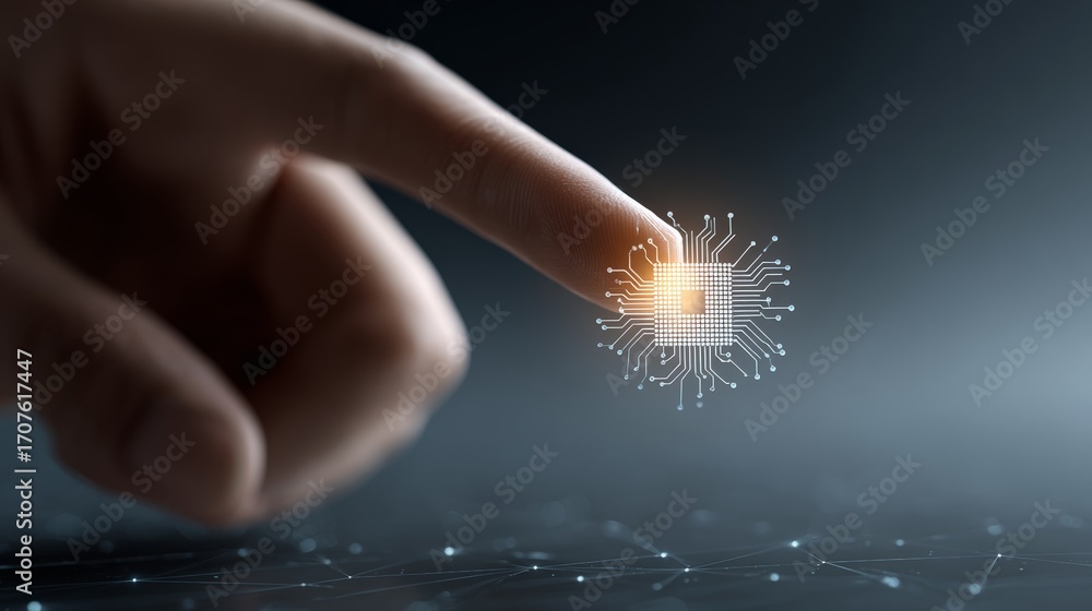 Poster businessman pointing finger toward advanced microchip, representing technological innovation, artifi