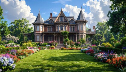 Obraz premium A picturesque estate home with a vibrant garden under a sunny sky, showcasing intricate architectural details and a colorful floral display.