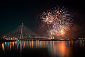 Fireworks Over City Bridge Night