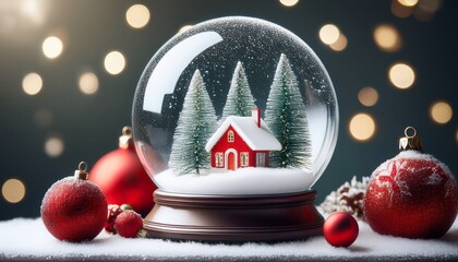 Christmas snow globe with snowy house and pine trees inside, surrounded by red baubles on white snow, festive holiday decoration with glowing bokeh lights.