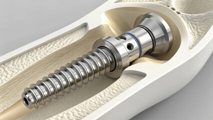 Medical Implant: An up-close, detailed view of a surgical implant within human bone structure, offering a stark and scientific look into the medical field.