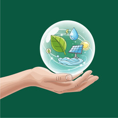 Sustainable Future – Hand holding a green orb with earth symbol, representing sustainability, ecology, and renewable environmental future