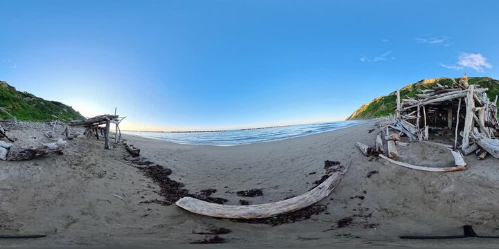 Waves on Sandy Shore of Adriatic Sea, Beach in Italy, 360 VR panorama