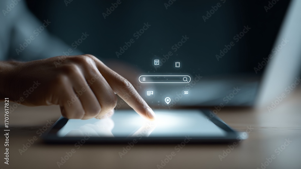 Poster businessman is using digital tablet with virtual digital search bar to searching information online 