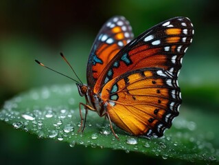 Obraz premium Close-up shot of a vibrant butterfly resting on a dewdrop-laden leaf