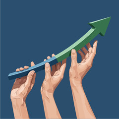 Teamwork – Multiple hands lifting an upward arrow, representing collaboration, growth, and success in business leadership