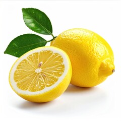 Ripe lemons with glossy green leaves. One is whole and the other halved, showing the juicy interior, isolated on a white background