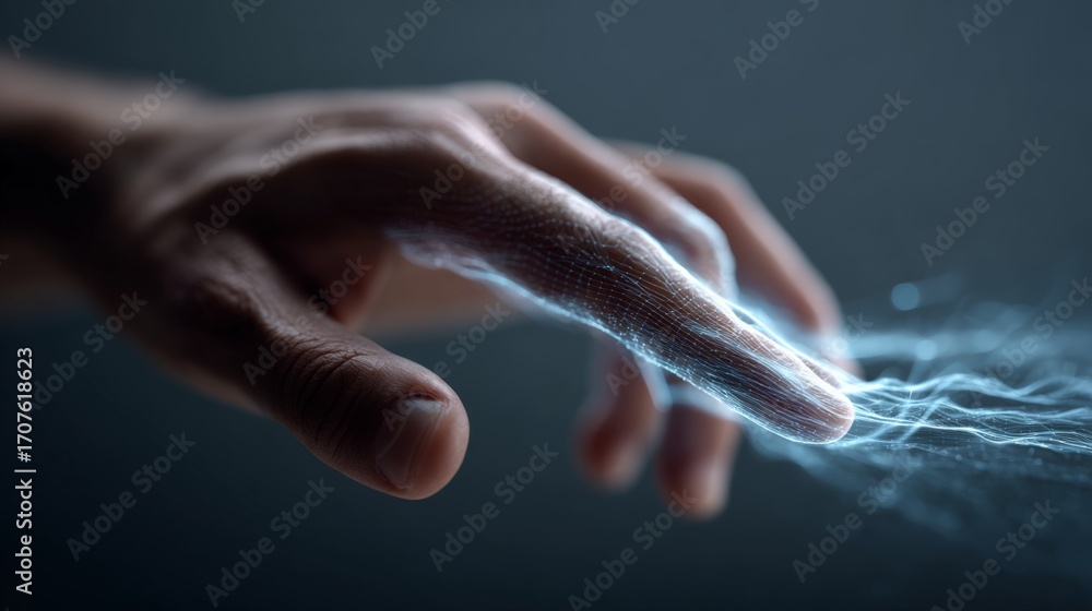 Poster index finger touching digital surface, interacting with glowing ai network data flow, symbolizing co