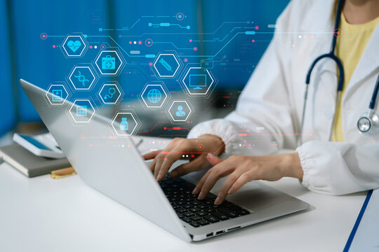 Medicine doctor hand working with modern digital tablet computer interface as medical network concept.
