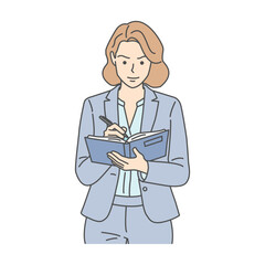 Cartoon illustration of confident woman writing notes in business attire with a focused expression