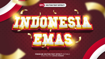 3D Indonesia Emas Text Effect with Celebratory Graphic Elements.