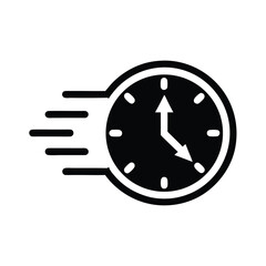 Black clock icon shows accelerated time with motion blur lines indicating speed