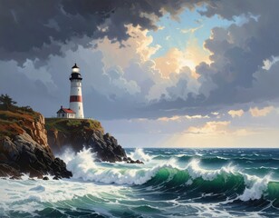 A tranquil seascape featuring a majestic lighthouse standing tall on a rocky coastline, bathed in the soft light of a dramatic sunset.