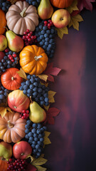 Vibrant Autumn Harvest Bounty Arrangement with Pumpkins, Fresh Fruits, Grapes, and Colorful Fall Leaves