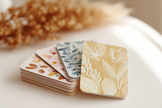 Self-care affirmation cards with beautiful floral designs arranged on a cozy table