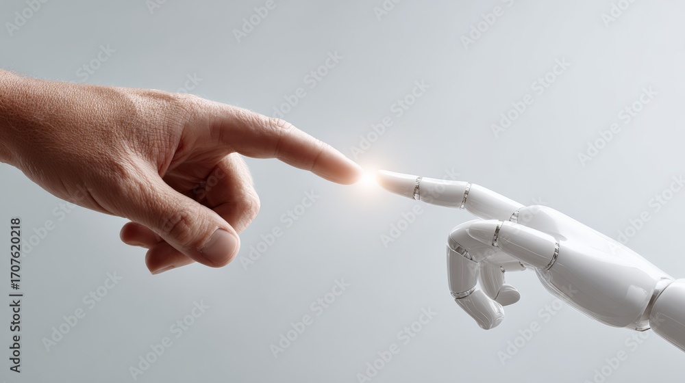 Poster human and robot hands are almost touching, symbolizing the connection between humanity and artificia