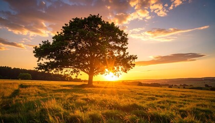 Golden sunset over a field with a solitary tree