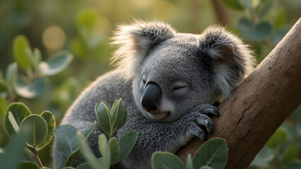 Obraz premium Koala sleeping in eucalyptus leaves. Ultra realistic koala images. Cute koala photos in nature. Relaxing koala scenes among trees.