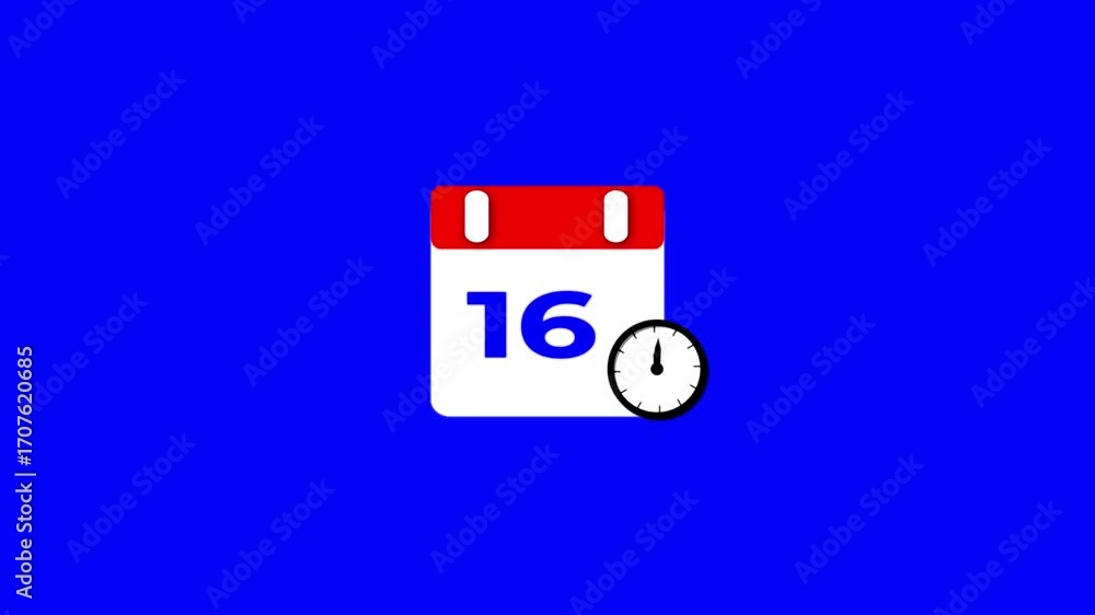 Poster date change on the calendar page animation with clock timer on green background. schedule, appointme