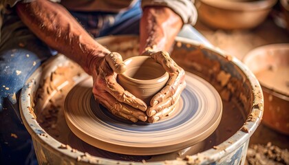 The Art of Crafting A Close-Up of a Potter Shaping Clay on a Spinning Wheel