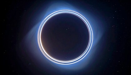 A rendering of a massive celestial body with extreme gravity. A dark void surrounded by a luminous, swirling accretion disk and halo