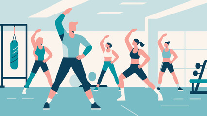 Doing warm-up exercises in the gym, hand-drawn vector illustrations