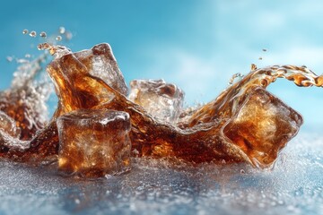 Sparkling brown beverage splashes with ice cubes under bright blue background