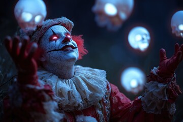 Creepy Clown with Glowing Skulls at Night