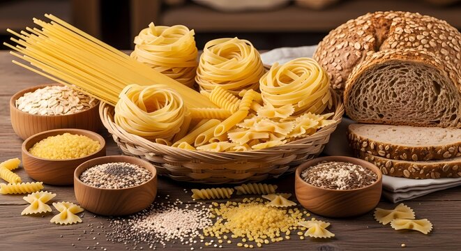 Collection of various pasta, bread, and grains including spaghetti, penne, oats, and loaves. Healthy food ingredients background.