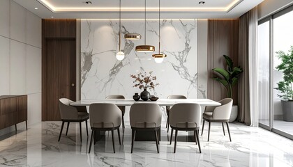 Contemporary dining room interior with marble table, chic chairs, pendant lights, and subtle wall textures, realistic captured