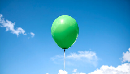 Fototapeta premium Bright green balloon floating against a vivid blue sky with soft clouds, symbolizing freshness, lightness, and freedom.