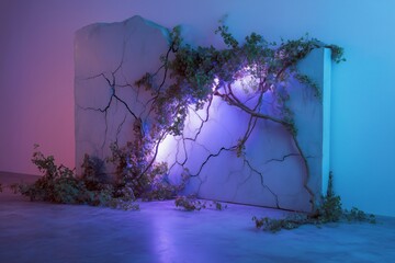 Cracked Stone Wall With Lush Vegetation Under Purple And Blue Light