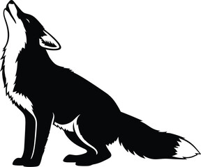 Minimal vector silhouette, fox howling, yipping head back, side view, solid black