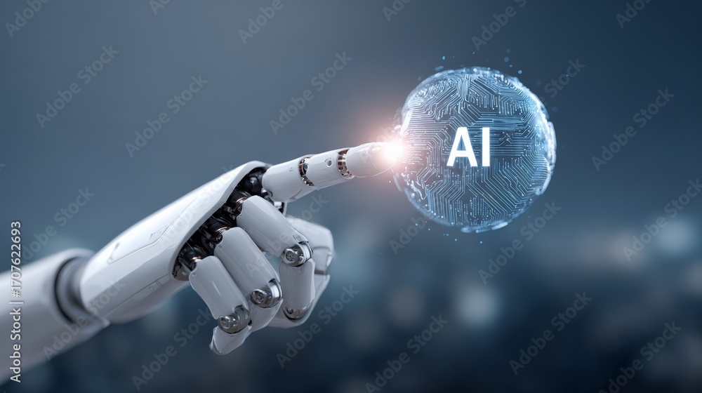 Poster robotic hand interacting with an ai sphere, symbolizing the integration of artificial intelligence i