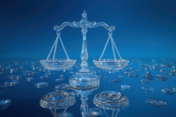 Crystalline Scales Of Justice On Blue Reflective Surface