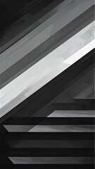 Abstract monochrome illustration featuring layered diagonal geometric shapes creating an illusion of depth and dynamic, grayscale movement