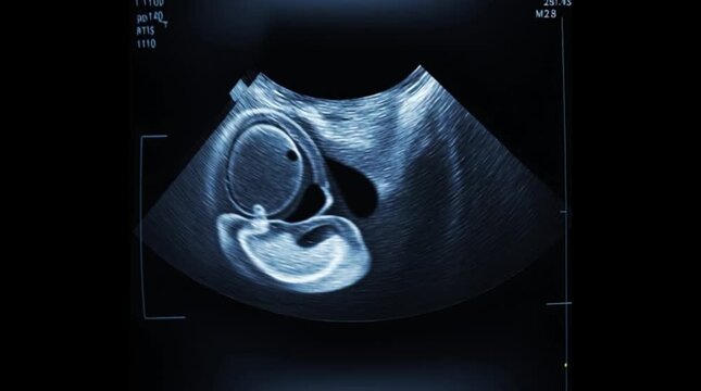 2D ultrasound display of 28 weeks pregnancy showing fetus development with visible organs, prenatal medical imaging screen used for maternity care, obstetrics diagnosis and fetal health monitoring
