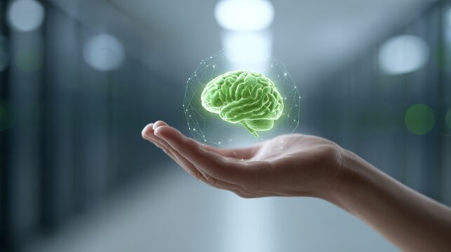 Open hand holding glowing green digital brain representing artificial intelligence, machine learning, and neural networks in a modern business environment