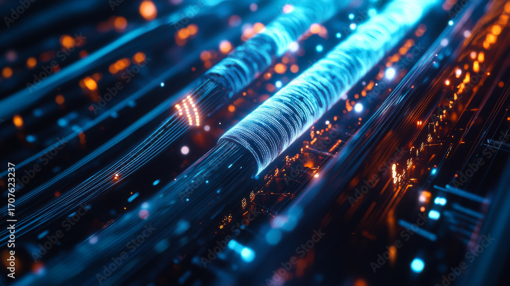 Poster swirling strands of light create vibrant patterns in a captivating digital landscape at twilight