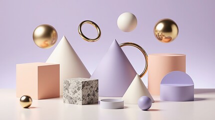 Abstract 3d composition of geometric shapes in pastel and metallic tones floating spheres pyramids against purple background