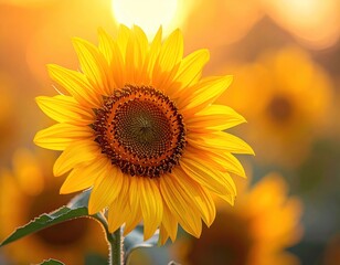 A vibrant sunflower in a field bathed in golden light. Petals unfurl beautifully under a warm, blurred sky