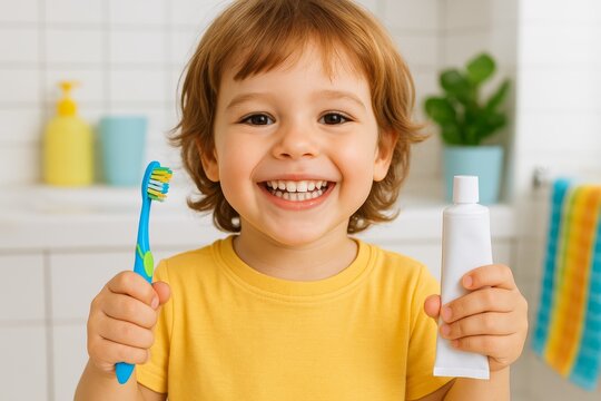 Smiling child holding toothbrush and toothpaste in bathroom, showing healthy teeth and good hygiene.