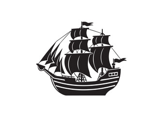 Black and White Vintage Galleon Ship Illustration; Nautical, Maritime,  Exploration Theme; Dramatic, Bold Graphic Design.