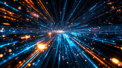 Fototapeta premium Bright explosion of particles signifies energy emergence in a dark void