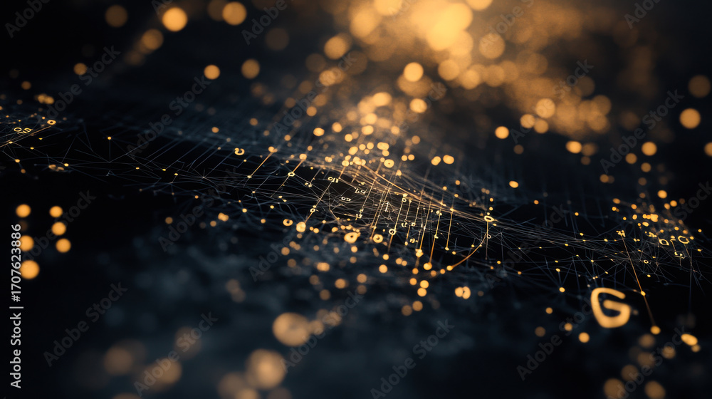 Poster digital network visualization with glowing nodes and connections conveying data flow at night