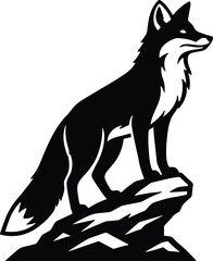 Minimal vector silhouette, fox on small rock stance proud, tail draped, side profile, solid black