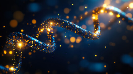 Colorful DNA strand with sparkling particles floating in a blue background