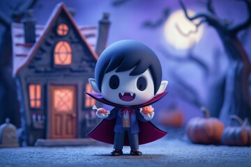 Cute Figure Holding Pumpkins In Halloween Night Scene