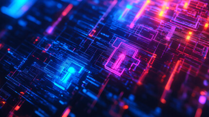 Fototapeta premium Colorful close-up of an electronic circuit board with LED lights illuminated in a futuristic style