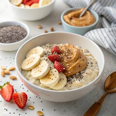 A bowl of oatmeal topped with banana slices, raspberries, and peanut butter. Surrounding bowls contain chia seeds and strawberries. Healthy breakfast concept.